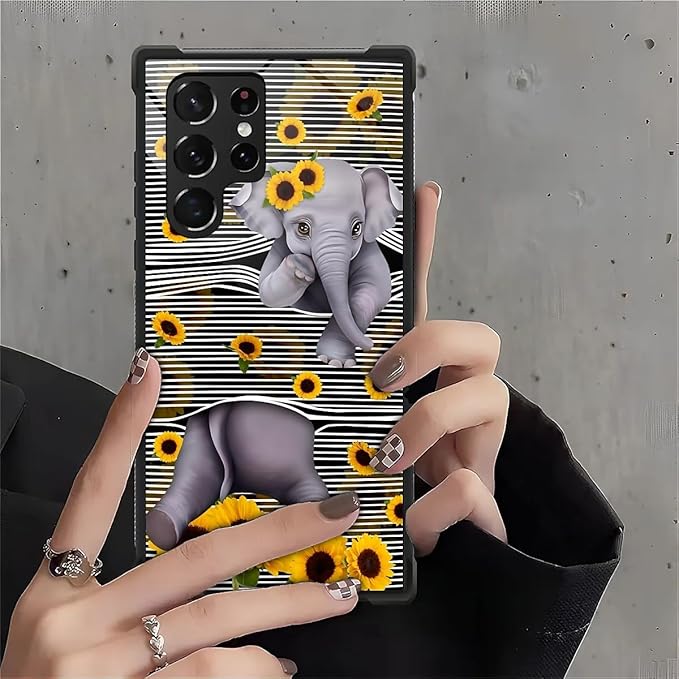 for Samsung Galaxy S22 Ultra Case, Cute Little Elephant Sunflower White Line Art Pattern Graphic Design Soft Silicone Hard Acrylic Shock Protection for Samsung Galaxy S22 Ultra