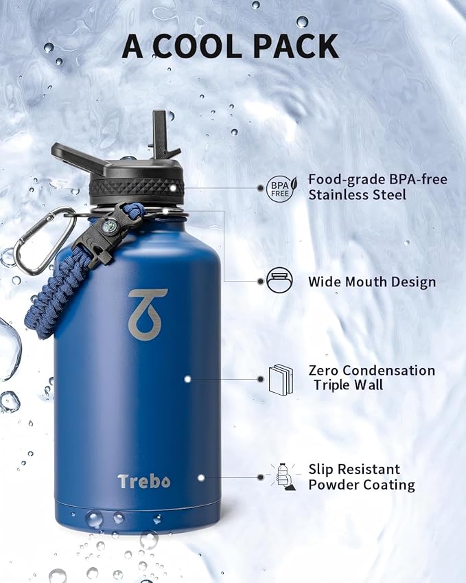 Trebo Water Bottle 64oz with Paracord Handle, Half Gallon Large Vacuum Triple Wall Stainless Steel Insulated Water Jug with Holder Strap Straw Spout Lids, Leakproof Keep Cold & Hot,Classic Blue