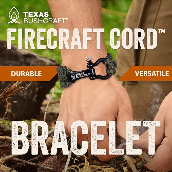 Texas Bushcraft Firecraft Cord Survival Bracelet – Paracord Bracelet with Bow Shackle for Camping and Emergency – 3 Extra Strands Include Wax Thread, Tinder, and Fishing Line