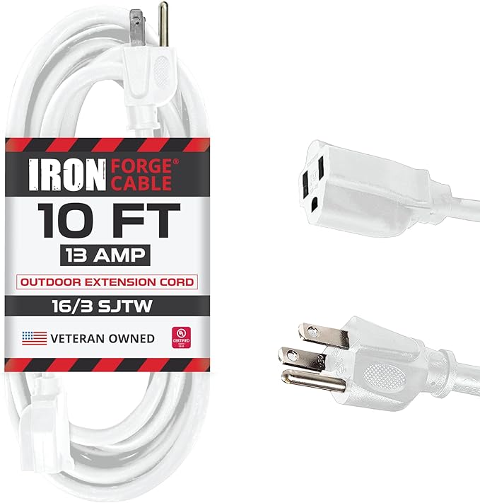 Iron Forge Cable Weatherproof 10 Ft Outdoor Extension Cord - 16/3 SJTW Heavy Duty White Extension Cord 3 Prong - 13 Amp Exterior Power Cable