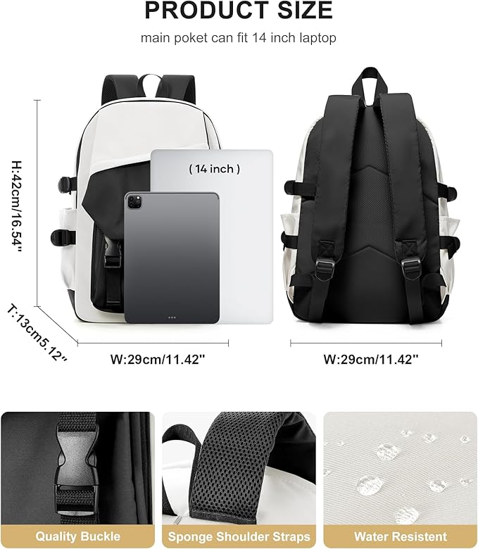coowoz School Bag Lightweight Casual Daypack College Laptop Backpack for Men Women Water Resistant Travel Rucksack for Sports High School Middle Bookbag for girls(Black white)