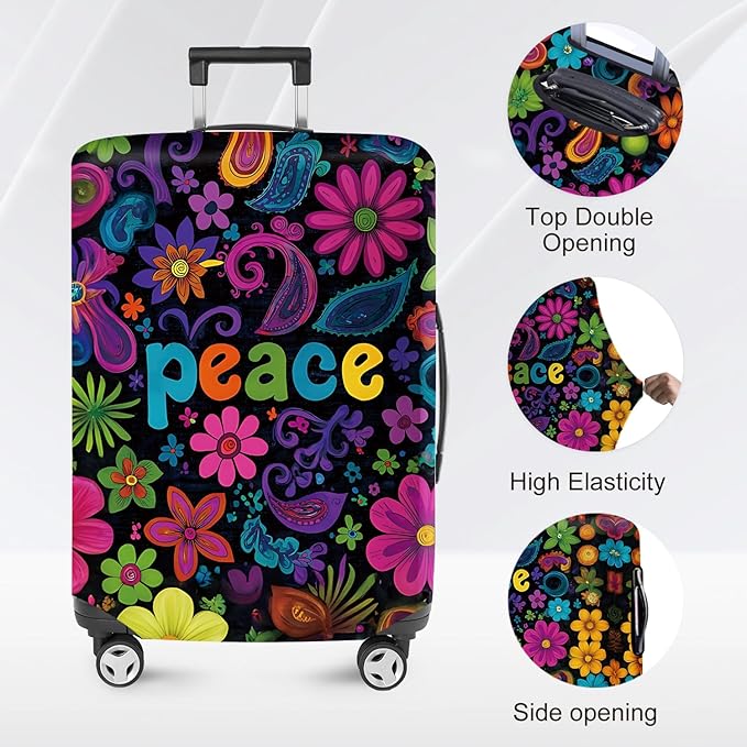 ANNA QUEEN Peace Flowers Travel Luggage Cover -Spring Stretchable Airplane Suitcase Protector Sleeve,Universal Washable Fit for 20-26 Inch Checked Baggage,Water Resistant Durable Luggage Protector
