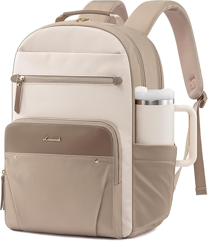 LOVEVOOK Laptop Backpack for Women with Leather Trim & Tumbler Pockets, 15.6" Work Backpack Purse, Travel Personal Item Bag, Carry On Business Computer Bag for Office, School, or Gift, Soft Taupe