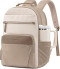 LOVEVOOK Laptop Backpack for Women with Leather Trim & Tumbler Pockets, 15.6" Work Backpack Purse, Travel Personal Item Bag, Carry On Business Computer Bag for Office, School, or Gift, Soft Taupe