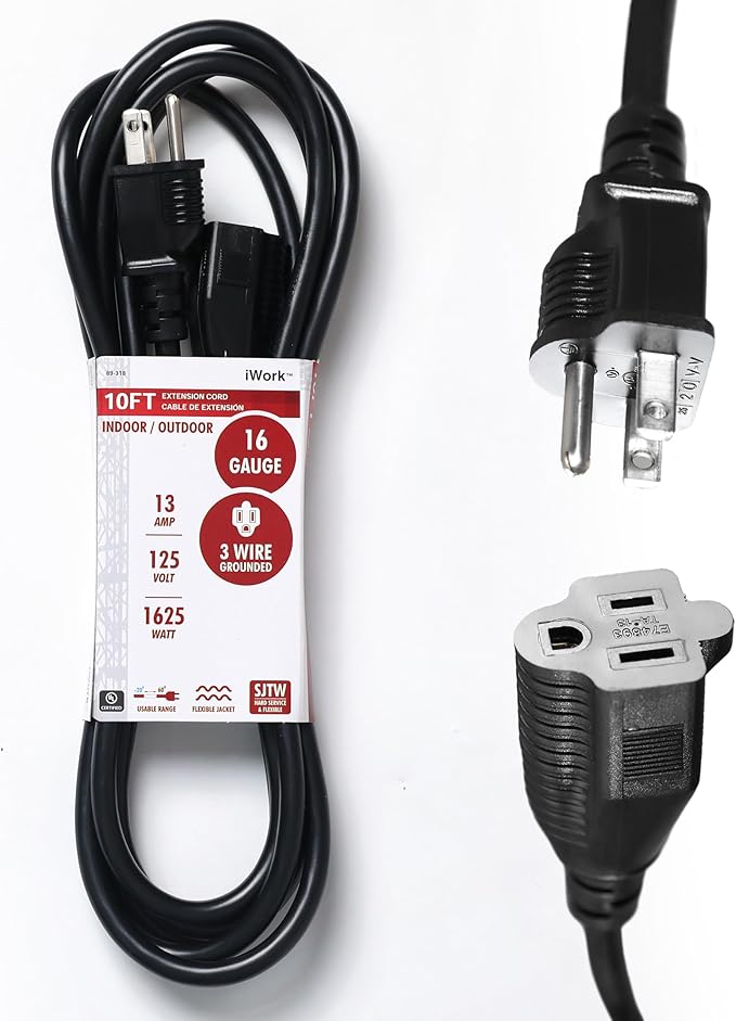 10ft Black Extension Cord, 16/3 SJTW Heavy-Duty, 10' Cable 3-Prong Grounded Plug, Weather-Resistant Power Strip, UL Listed, 13 Amp/1625 Watt Capacity, 10-Foot Extension Cords for Indoor/Outdoor