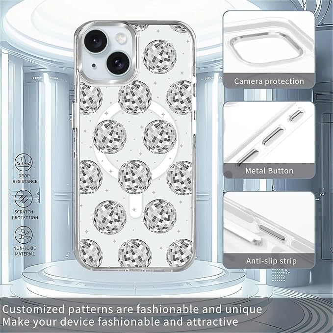 Case for iPhone 14 Plus/15 Plus,[Compatible with MagSafe],Disco Ball Grayish White Phone Case Design，for Women Girls Magnetic Clear Cover - Slim, Sleek, & Shockproof Protection