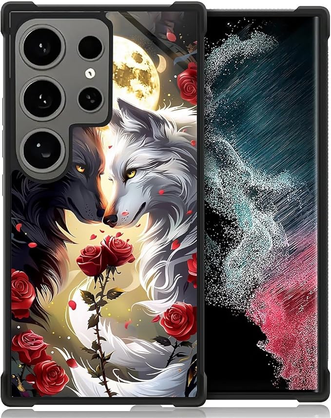 for Samsung Galaxy S24 Ultra Case, Black White Wolf Moon Flower Rose Pattern Graphic Design Girl Boy Soft Silicone Hard Acrylic Shock Protection for Samsung Galaxy S24 Ultra