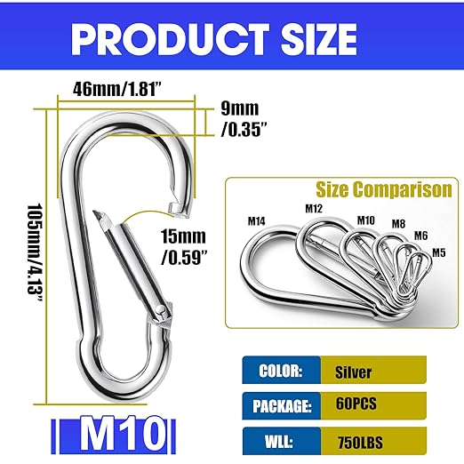 60 Pack Heavy Duty Carabiners, 3/8” Spring Snap Hook Carabiner for Heavy Uses, 4-Inch Snap Hooks Large Carabiners Clips Chain Links Safety Buckle Connector for Swing Hammock Fitness Gym Outdoor Indoor