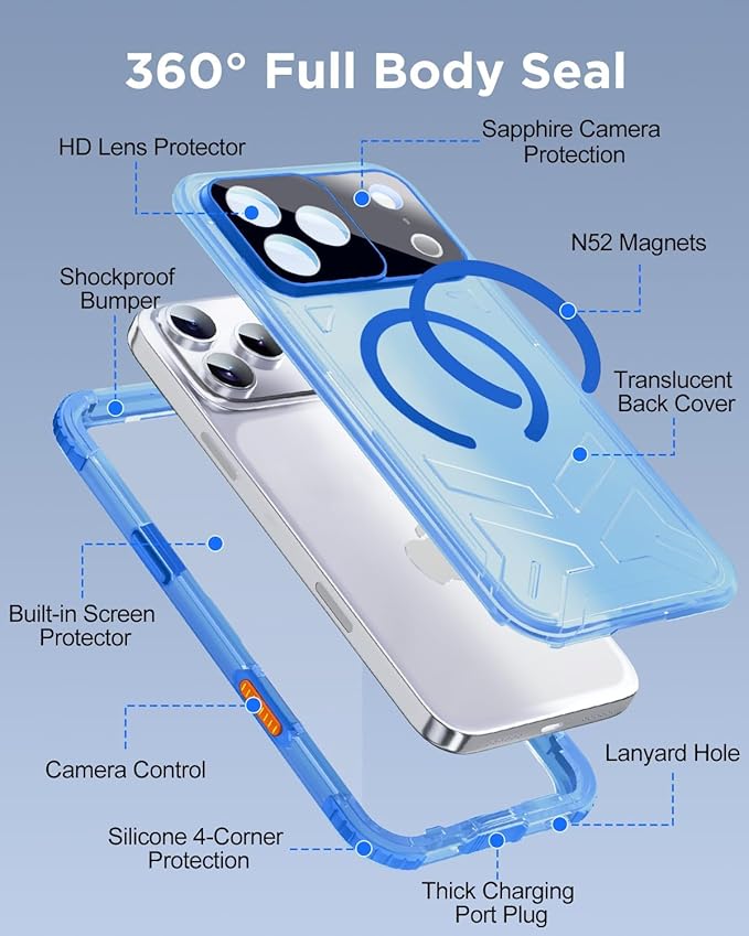 for iPhone 17 Pro Max Waterproof Case with Magsafe, Built-in [Camera & Screen Protector] [Lanyard], IP68 Water Proof Full Body Dustproof Heavy Duty Frosted Protective Phone Cover, 6.9" Blue
