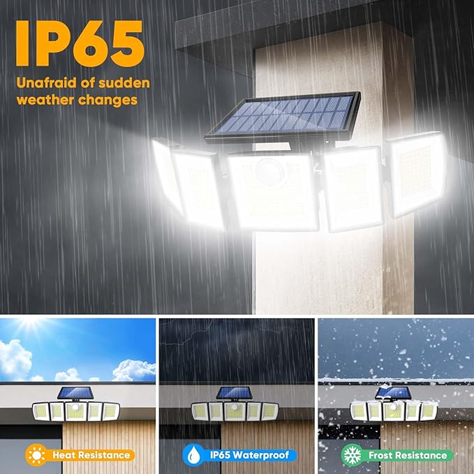MDCMDCM Outdoor Solar Light Motion Sensor Waterproof - 3000 Lumens 3 Modes 416 LEDs 32ft 2400mAh 5 Heads Security Lights Flood Lights with Remote for Patio Yard Pool Outside （Wireless, 4p）