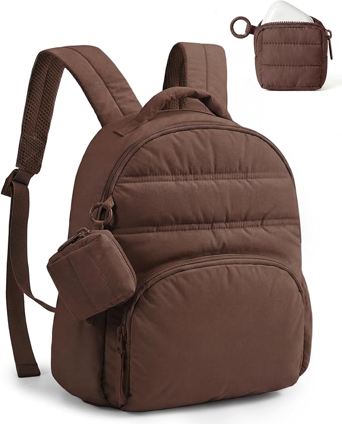BAGSMART Small Backpacks for Women, Lightweight Puffer Mini Backpack Purse with Pouch, Quilted Casual Daypack, Water-Resistant Bookbag for Daily Travel College, 2-in-1 Set, Coffee Brown
