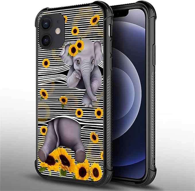 for iPhone 12/12 Pro Case, Cute Little Elephant Sunflower White Line Art Pattern Graphic Design Girl Boy Soft Silicone Hard Acrylic Shock Protection for iPhone 12/12 Pro