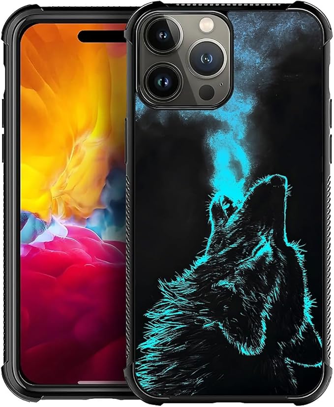 for iPhone 15 Pro Case, Blue Breathing Wolf Pattern Graphic Design Girl Boy Soft Silicone Hard Acrylic Shock Protection for iPhone 15 Pro