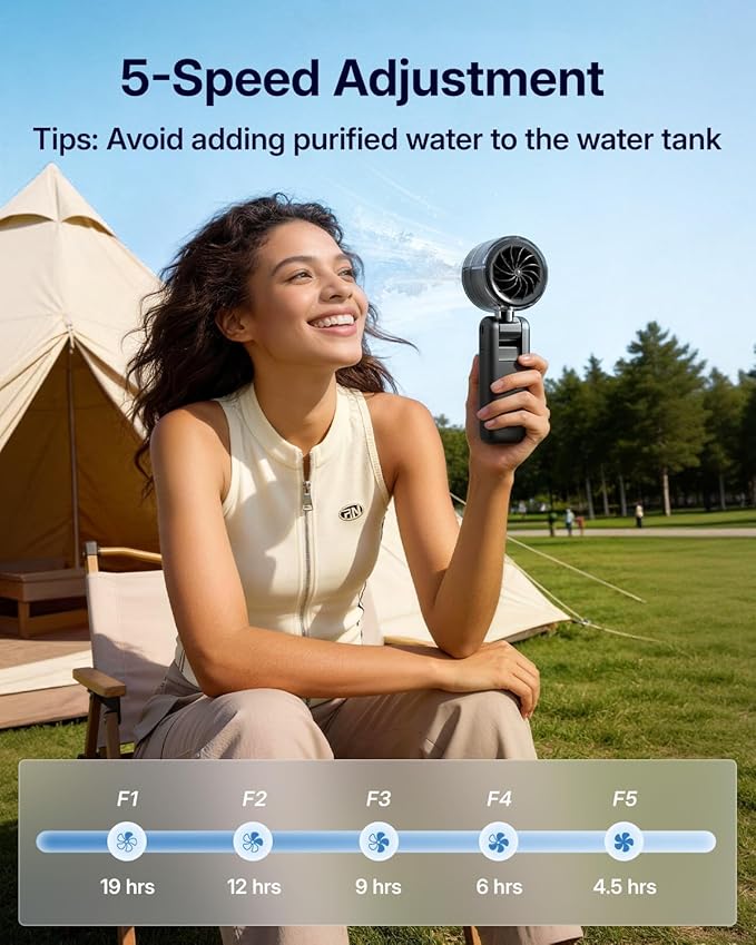 Misting Fan Portable - Handheld Turbo Fan with Cool Mist Spray, 4000mAh Rechargeable, 5 Speeds, Personal Foldable Water Mister for Summer Travel, Beach & Outdoor Essentials - Black