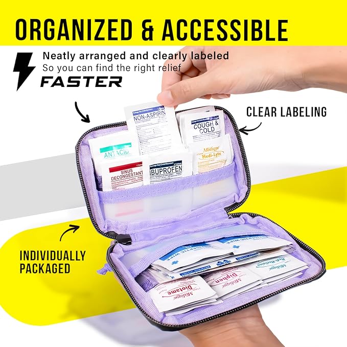 EVERLIT CARE Travel Essential Medicine First Aid Kit I Bonus Medical Supplies I TSA Compliant Mini Size Medkit for Traveling Camping Trips Individually Packed 64 Tablets (Orange)
