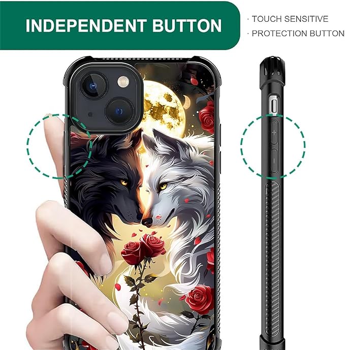 for iPhone 15 Case, Black White Wolf Moon Flower Rose Pattern Graphic Design Girl Boy Soft Silicone Hard Acrylic Shock Protection for iPhone 15