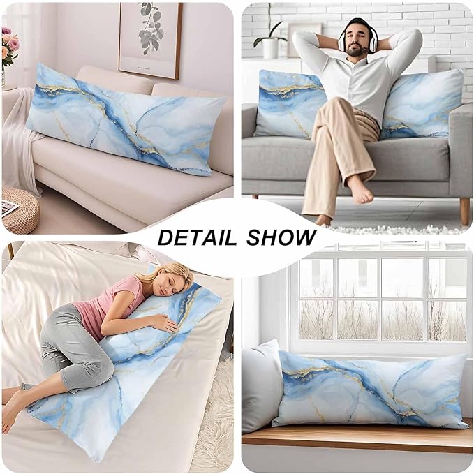 Couch Pillows Decorative Body Pillow Cover Marble, Abstract Marble Blue Gold Veins Rectangle Body Pillowcase for Men Women, Body Pillow Covers 20" X 54" Cushion Cases for Sofa Bed