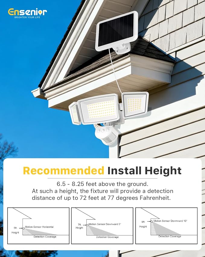 Ensenior 5 Motion Sensor Modes Solar Security Light, 1800LM 270° Wide Angle 3 Heads LED Flood Lights, IP65 Waterproof Wall Lights, Separate Solar Panel Remote Control Solar Lights Outdoor