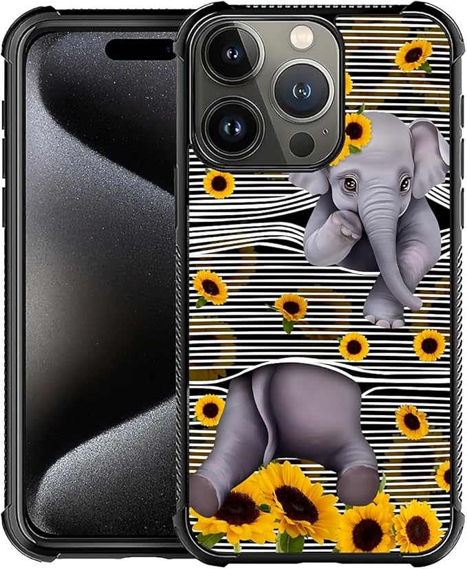 for iPhone 16 Pro Max Case, Cute Little Elephant Sunflower White Line Art Pattern Graphic Design Girl Boy Soft Silicone Hard Acrylic Shock Protection for iPhone 16 Pro Max