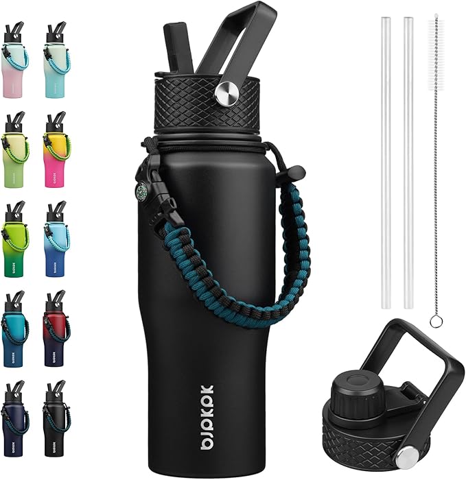 BJPKPK Insulated Water Bottles with Straw Lid, 23oz Metal Water Bottle with 2 lids & Paracord Strap, Double Wall Stainless Steel Vacuum Tumblers, Cups, Mugs, Thermo for Hot& Cold Drinks, Black