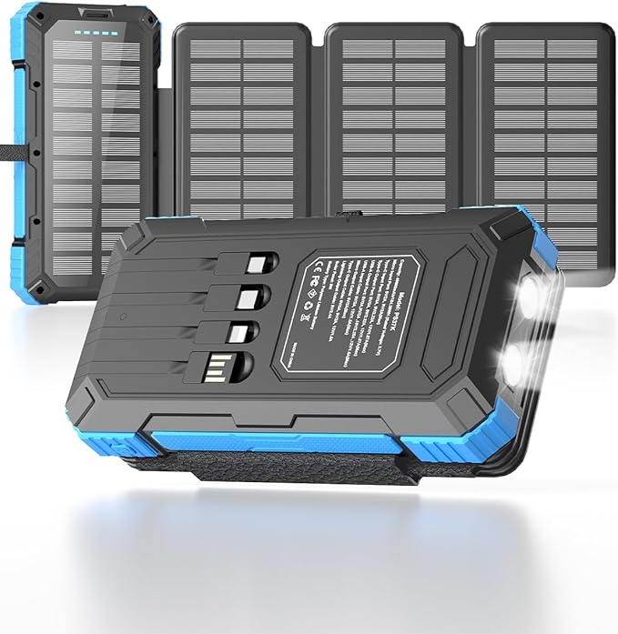 Solar Charger Power Bank 49800mAh with 4 Built-in Cables & 3 Foldable Panels, PD22.5W Fast Portable Phone Charger, External Battery Pack with USB-C in/Output & Flashlight for Outdoor Camping