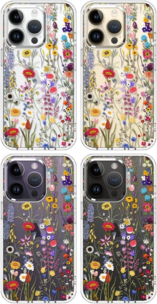 MOSNOVO Case for iPhone 14 Pro, [Buffertech 6.6ft Military-Grade Drop Protection] [Anti Peel Off Tech] Clear TPU Bumper Phone Case Cover Design - Wildflower Meadow