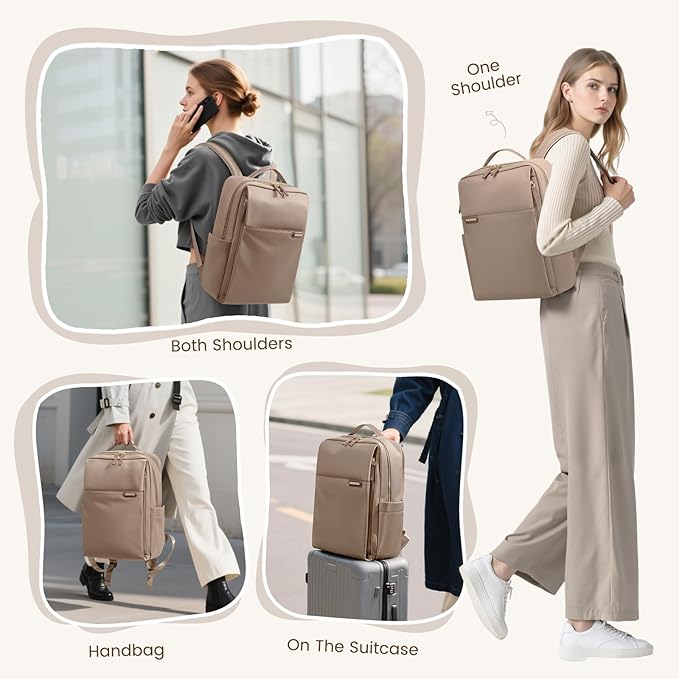 Laptop Backpack for Women, Work Business Traval Computer Backpacks with Laptop Compartment Waterproof Casual Daypack for Travel College,14Inch,Champagne Brown