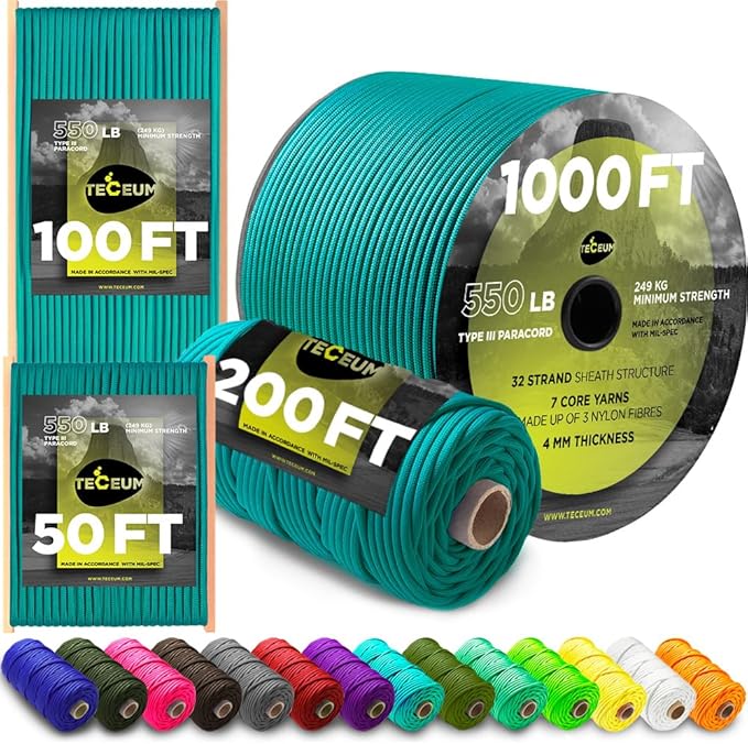 TECEUM Reflective Paracord Rope 1000 – 1000ft/200ft/100ft/50ft – 40+ Colors – Glow in The Dark – para Cord – Utility Rope for Survival, Hunting & Camping Gear – Nylon String, Camping Rope, Tent Cord
