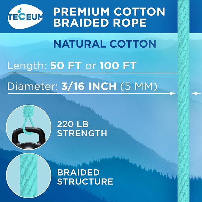 TECEUM Cotton Rope 3/16” (5 mm) – 50 FT – Strong All-Purpose Braided Rope – Natural Cotton – for Crafting, Сamping, Clothes Line, DIY, Indoor & Outdoor Use – Turqouise