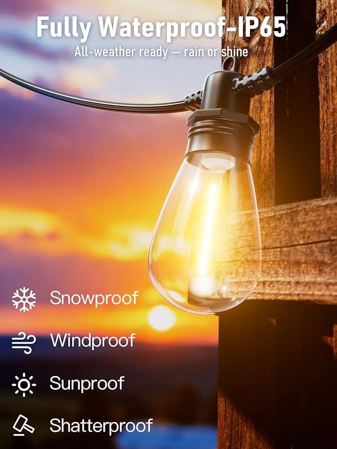 100FT LED Outdoor String Lights with 30 Edison Shatterproof IP65 Waterproof Bulbs, 2700K Dimmable Commercial Grade Patio Lights, Heavy Duty Outside Hanging Light for Garden Porch Deck Decor