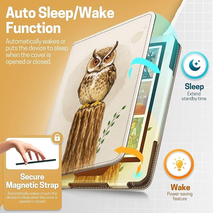 TNP Stand Case for Kindle Paperwhite 12th Generation 2024 / Kindle Colorsoft Signature Edition with Hand Strap & Card Slot - 7" PU Leather Protective Folio Cover with Auto Wake/Sleep, Owl in The Tree