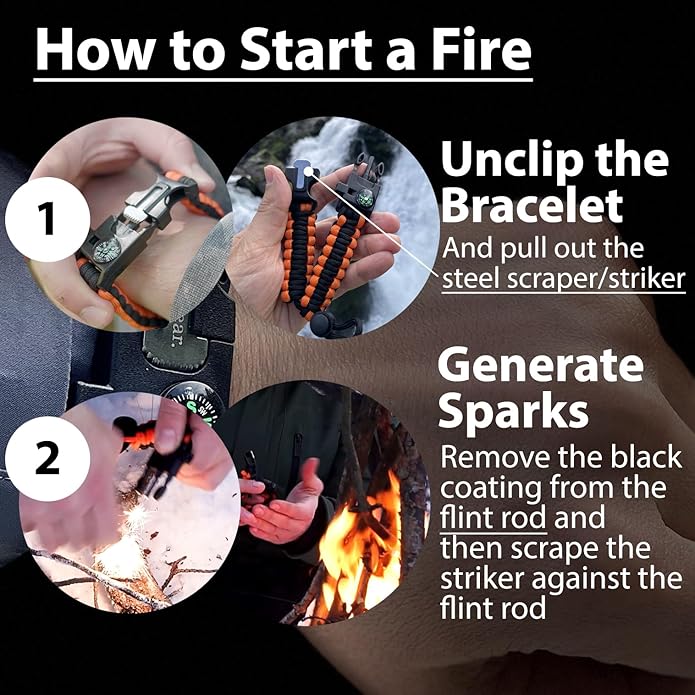 aZengear Paracord Survival Bracelet (2 Pack) | Flint Steel Fire Starter, Whistle, Compass, Mini Saw | Adjustable Wrist Band Size for Camping, Bushcraft, Emergency Kit (Black & Orange)