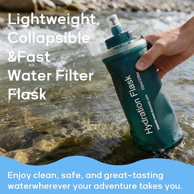1L Soft Flask Water Bottle, Foldable Water Bottle with Filter, Perfect for Hiking, Backpacking, and Camping - Dark Green