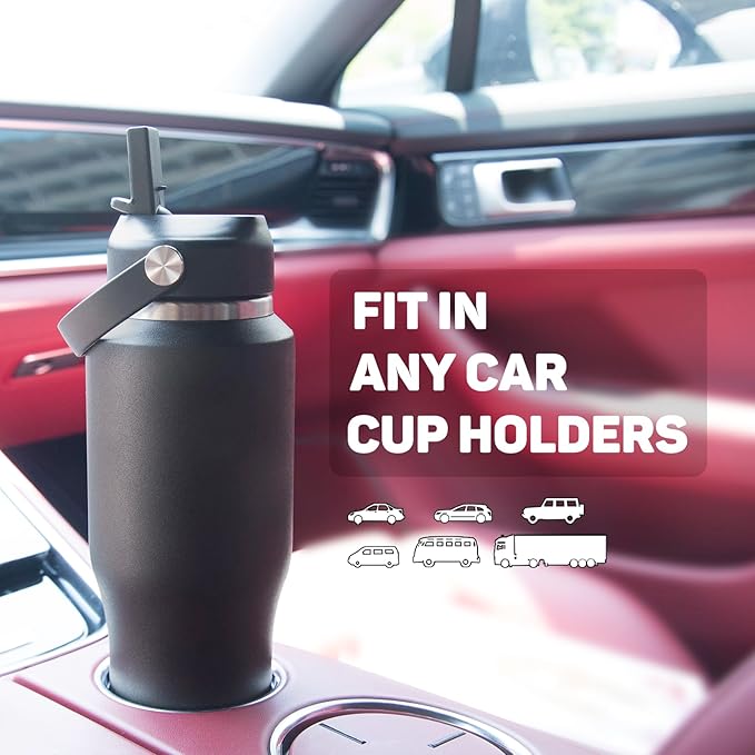 ABOTOCUP 32oz Black Water Bottle Stainless Steel, Keep Cold 24H&Hot 12H, Water Bottle with Straw&Spout Lids, Insulated Water Bottle Double Wall Vacuum, Fit in Any Car Cup Holder, Leak-proof BPA Free