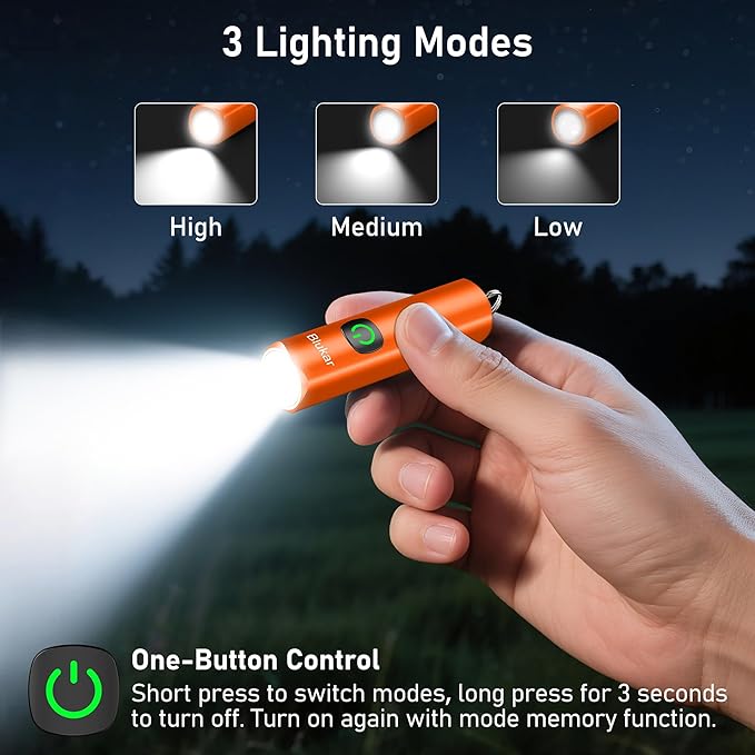 Blukar Rechargeable EDC Flashlight, Mini Keychain Flash Light with 3 Lighting Modes, Memory Function, Waterproof, Compact and Portable Pocket Light for Everyday Carry, Emergency,Camping-Orange