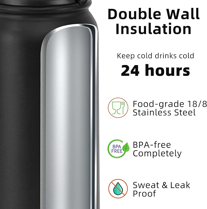 Fanhaw 20 oz Insulated Stainless Steel Water Bottle with Straw Lid, Leakproof & Anti-Dust Sports Bottle for Kids, Women & Men (Black)