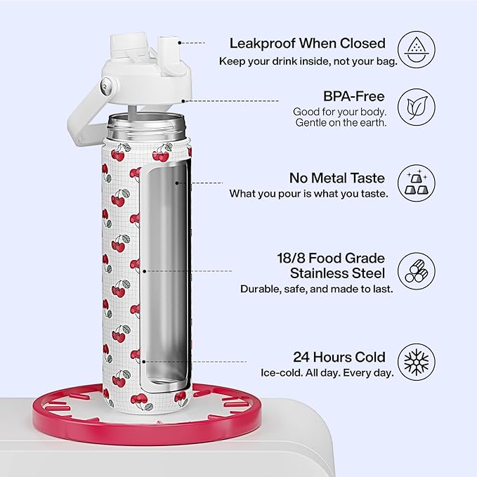 ENCOOL Insulated Water Bottle with Straw Stainless Steel Water Bottle, Leak-Proof, BPA-Free, Double Wall Vacuum Keeps Cold for 24 Hours for Sports, Travel, School (26 oz, Cherry)