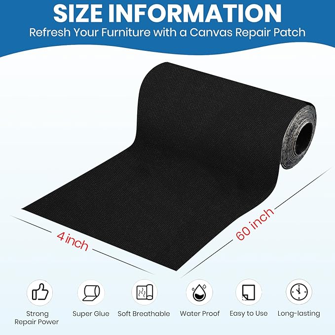 Canvas Patch 4 "x 60 ", Self-Adhesive Waterproof Canvas Patch Set for Repairing Tents, Couch, Boat Covers, Camping Chairs, Awnings, Car Seats.(Black)