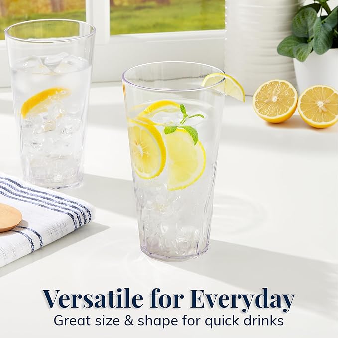 US Acrylic Palmetto [Set of 16] 20 ounce Plastic Stackable Water Tumblers in Clear, Lightweight Value Set of Drinking Cups, Reusable, BPA-free, Made in the USA, Top-rack Dishwasher Safe
