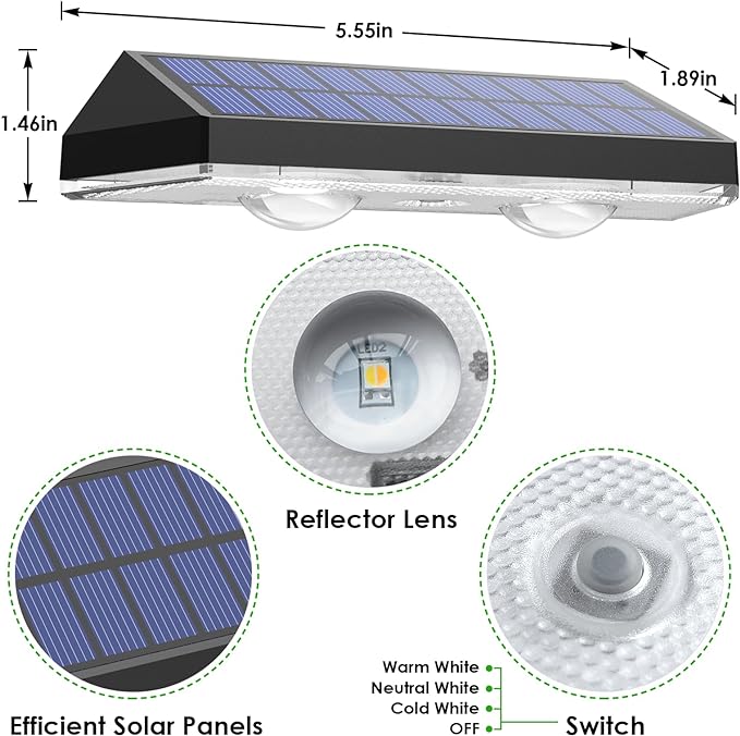 LIANGLOME Solar Fence Lights - 2PK Solar Outdoor Light Warm White/Daylight White/Cold White 3 Modes Deck Lights for Outside, Deck Fences, Stair Railings, Pools and Walls