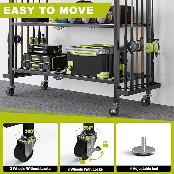 Fishing Rod Holders for Garage, Fishing Rod Stand with Wheels and Pegboard, 3-Tier Pole Storage Rack with 8 Hooks and 12 Rod Slots, Ideal for Tackle, Backpacks, and Gear