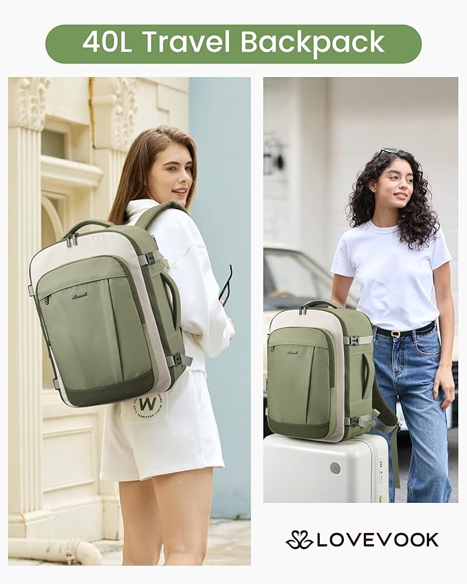 LOVEVOOK 40L Travel Backpack for Women & Men, Airline Approved Carry On Backpack, TSA Personal Item Bag fits 17.3 Inch Laptop, Waterproof Weekender Overnight Bags Suitcase for Work, Light Green