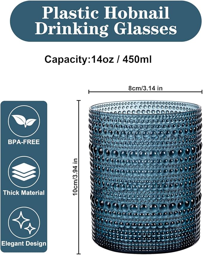 18PCS Hobnail Plastic Drinking Glasses - 14Oz Beaded Mixed Drinkware Sets Disposable - Blue Vintage Plastic Bubble Easter Glassware for Beer, Juice, Cocktail, Whiskey, and Various Mixed Drinks