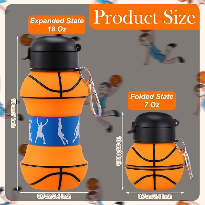 Layhit 8 Pcs Basketball Water Bottles 18oz Collapsible Basketball Water Cups for Kids Silicone Sport Party Favors for Players Lovers School Team Gifts Travel Sport Theme Party Accessories