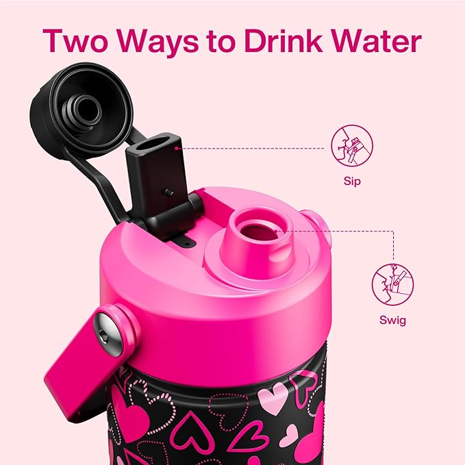 ENCOOL Valentine's Day Insulated Water Bottle with Straw Stainless Steel Water Bottle, Leak-Proof, BPA-Free, Keeps Cold for 24 Hours for Sports, Travel, School (26 oz, Sweet Hearts Pink x Black)