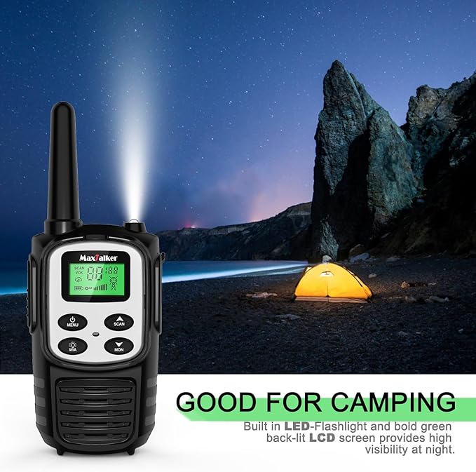 MaxTalker Walkie Talkies Long Range for Adult, MT10 Rechargeable Walkie Talkies FRS Two Way Radio, NOAA, 1200mAh Li-ion Battery USB-C Cable, LED Flashlight,VOX Walkie Talkie for Camping 2Pack (Silver)