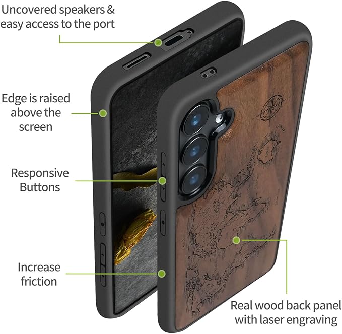 Carveit Wood Case for Galaxy S24 Plus Case [Natural Wood & Black Soft TPU] Shockproof Protective Cover Unique Wooden Design Compatible with S24 Plus (Compass Maps-Walnut)