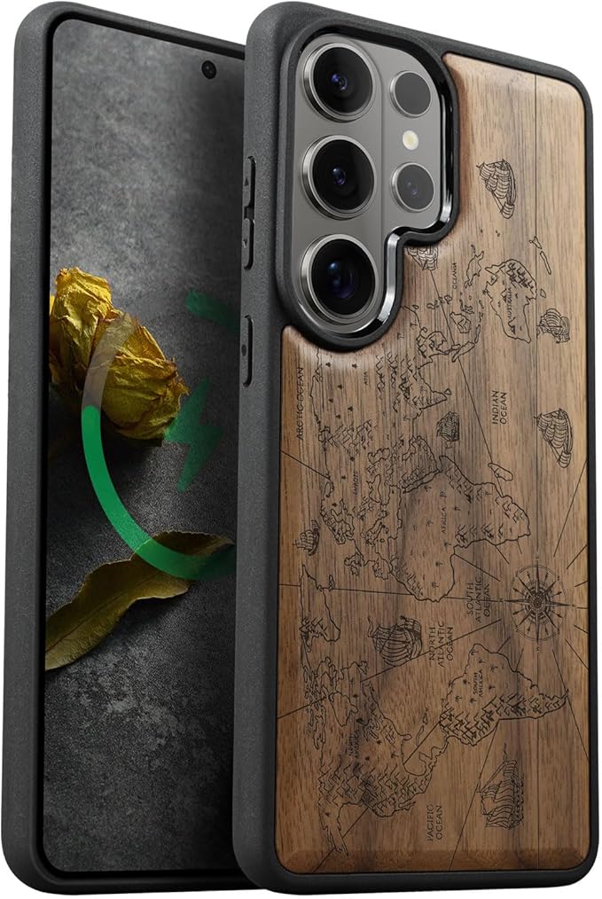 Carveit Magnetic Wooden Case for Samsung Galaxy S26 Ultra Case 2026, TPU Shockproof Cover & Wood Artisan Engraved, Compatible with MagSafe Wireless Chargers (World Map) Walnut