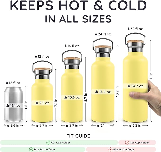 Bambaw 12 oz Metal Water Bottle Insulated with Handle, Leak-Proof Stainless Steel Water Bottle for School, Gym or Travel, Screw-Top Cap, Keeps Drinks Cold for 24h Cold & Hot for 12h (Yellow Beam)