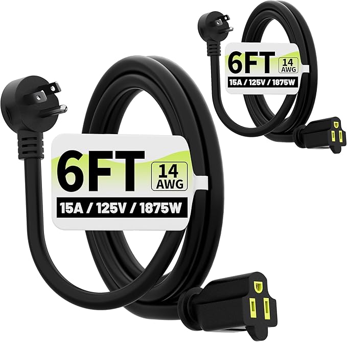 Vockjour 6 FT 2 Pack Black Low Profile Flat Plug 14 Gauge Heavy Duty Extension Cord, 14AWG 3-Wire Grounded Appliance Extension Cord, 15A/125V/1875W SJTW ETL Listed Power Cord